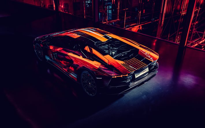 Lamborghini Aventador S, 4k, top view, exterior, Yohji Yamamoto, red Aventador, Aventador tuning, supercars, Italian sports cars, Lamborghini