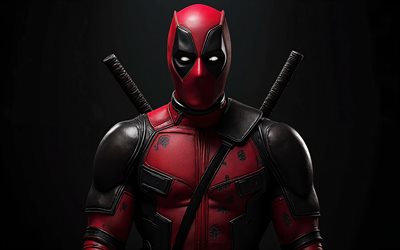 4k, deadpool sobre un fondo negro, retrato, superhéroe, dead pool, personajes populares, deadpool con katanas, fondo negro, oscuridad, personaje de deadpool, superhéroe deadpool