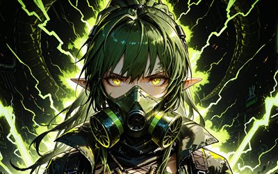 4k, gavial, iluminaciones verdes, arknights, manga, oscuridad, fondo abstracto verde, operador médico de la isla de rodas, gavial el invencible, personajes de arknights, gavial arknights