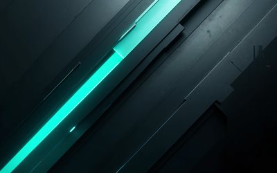 4k, turquoise black abstract background, abstractions, material design, turquoise neon lights, geometry, abstract backgrounds, geometrical backgrounds, creative, black hi-tech backgrounds
