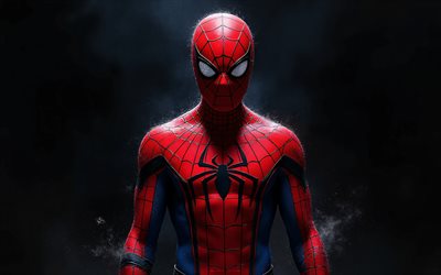 4k, hombre araña sobre un fondo negro, superhéroe, hombre araña, personajes populares, superhéroe hombre araña, fondo negro, oscuridad, personaje del hombre araña