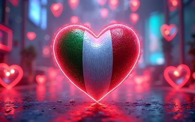 4k, I Love Italy, red neon hearts, digital art, bokeh, Day of Italy, flag of Italy, heart with italian flag, darkness, 3D hearts, italian flag, Italy, Love for Italy