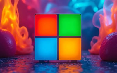 leuchtendes microsoft logo, 4k, bokeh, bunter abstrakter hintergrund, softwaremarken, kreatives microsoft logo, microsoft 3d logo, kreativ, microsoft logo, marken, microsoft