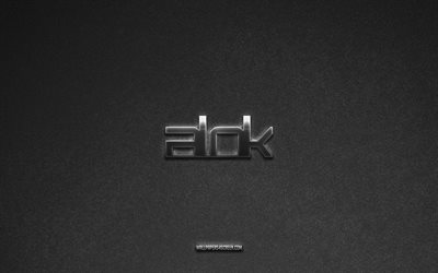 Alok logo, music brands, gray stone background, Alok emblem, music logos, Alok, music signs, Alok metal logo, stone texture