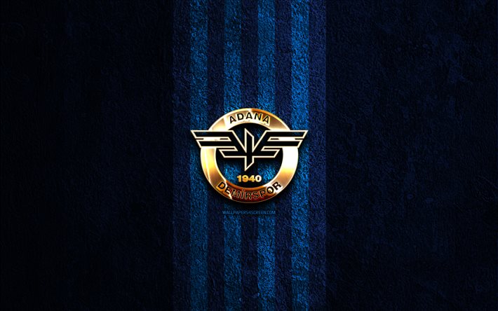 Adana Demirspor golden logo, 4k, blue stone background, Super Lig, turkish football club, Adana Demirspor logo, soccer, Adana Demirspor emblem, Adana Demirspor, football, Adana Demirspor FC