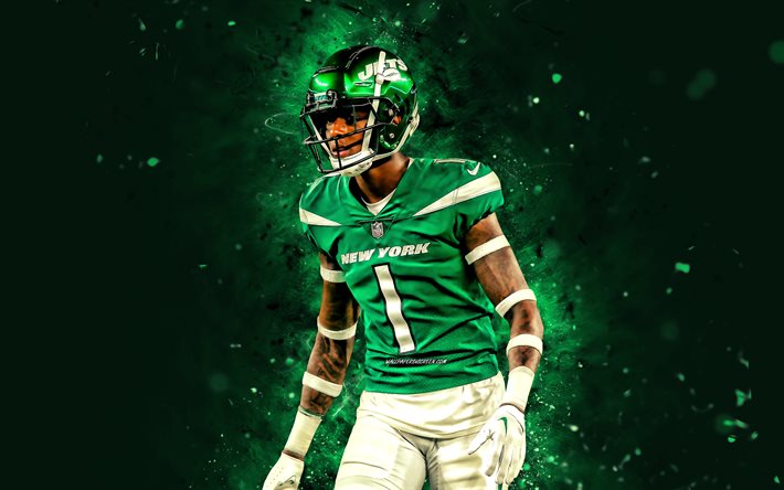 Ahmad Gardner, 4k, green neon lights, New York Jets, NFL, american football, Ahmad Gardner 4K, green abstract background, Ahmad Gardner New York Jets