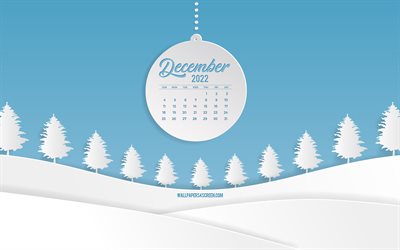 calendrier décembre 2022, 4k, fond de forêt d'hiver, concepts 2022, modèle d'hiver, décembre, fond d'hiver bleu, arbres blancs