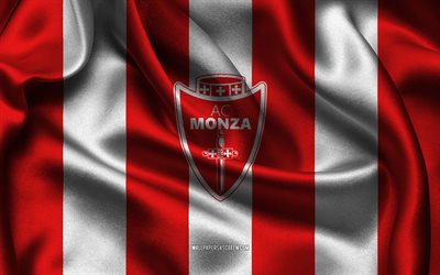 4k, AC Monza logo, red white silk fabric, Italian football club, AC Monza emblem, Serie A, AC Monza badge, Italy, football, AC Monza flag