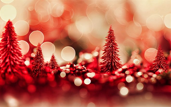 arbol de navidad rojo, arte brillante, fondo para tarjetas de navidad, feliz navidad, feliz año nuevo, fondo rojo de navidad, difuminar