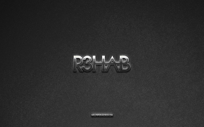 R3hab logo, music brands, gray stone background, R3hab emblem, music logos, R3hab, music signs, R3hab metal logo, stone texture
