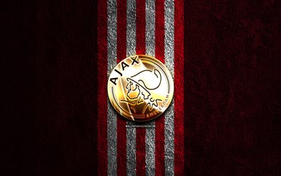 logo dorato dell'afc ajax, 4k, sfondo di pietra rossa, eredivisi, squadra di calcio olandese, logo dell'afc ajax, calcio, stemma dell'afc ajax, afc ajax, ajax fc
