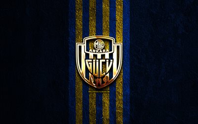 logo doré mke ankaragucu, 4k, fond de pierre bleue, super ligue, club de football turc, logo mke ankaraguçu, football, emblème mke ankaragucu, mke ankaraguçu, mke ankaragucu fc