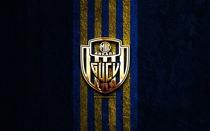 MKE Ankaragucu golden logo, 4k, blue stone background, Super Lig, turkish football club, MKE Ankaragucu logo, soccer, MKE Ankaragucu emblem, MKE Ankaragucu, football, MKE Ankaragucu FC