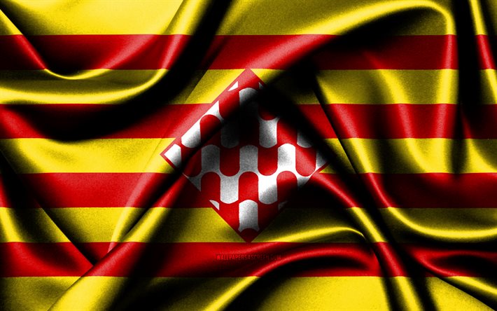 gironas flagga, 4k, spanska provinser, tygflaggor, gironas dag, vågiga sidenflaggor, spanien, provinser i spanien, girona