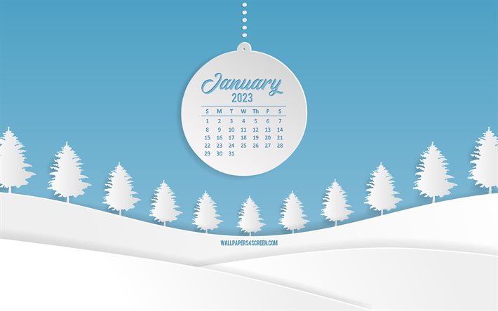 calendário de janeiro de 2023, 4k, fundo de floresta de inverno, conceitos de 2023, modelo de inverno, janeiro, fundo azul de inverno, árvores brancas