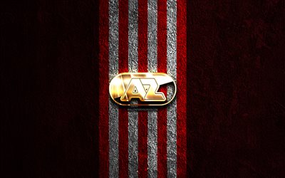 AZ Alkmaar golden logo, 4k, red stone background, Eredivisie, dutch football club, AZ Alkmaar logo, soccer, AZ Alkmaar emblem, AZ Alkmaar, football, AZ Alkmaar FC