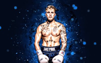 Jake Paul, 4k, blue neon lights, WBO, american boxers, blue abstract background, The Problem Child, Jake Joseph Paul, cruiser division, Jake Paul 4K