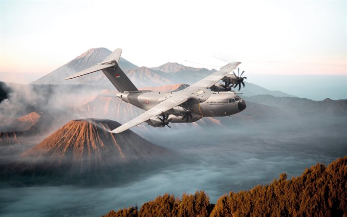 Airbus A400M, 4k, Indonesian Air Force, flying airplanes, military transport aircraft, Indonesian army, military airplanes, military aviation, Airbus