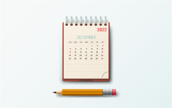 2022年12月のカレンダー, 4k, ノート用紙, 2022年のコンセプト, 文房具の背景, 2022年カレンダー, 12月, クリエイティブアート