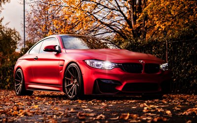 BMW M4, HDR, autumn, 2018 cars, headlights, supercars, F82, Red BMW M4, 2018 BMW M4, german cars, BMW F82, BMW