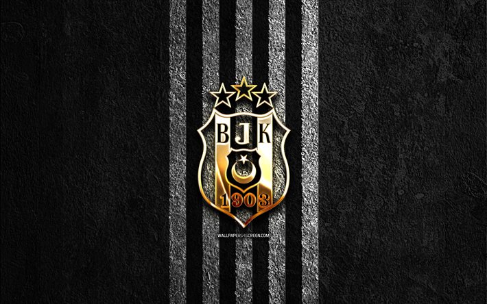 Besiktas golden logo, 4k, black stone background, Super Lig, turkish football club, Besiktas logo, soccer, Besiktas emblem, Besiktas JK, football, Besiktas FC