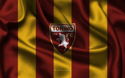 4k, logo do torino fc, tecido de seda amarelo vermelho, clube de futebol italiano, emblema do torino fc, série a, itália, futebol, bandeira de turim fc
