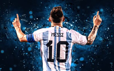 4k, Lionel Messi, back view, Argentina National Football Team, blue neon lights, soccer, footballers, red abstract background, Leo Messi, Argentinean football team, Lionel Messi 4K