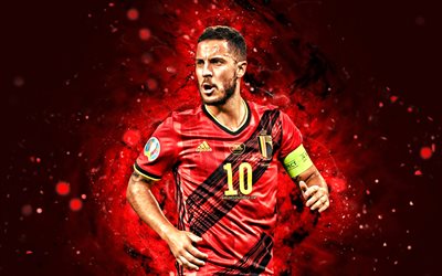 4k, Eden Hazard, 2022, Belgium National Team, red neon lights, footballers, red abstract background, soccer, Belgian football team, Eden Hazard 4K