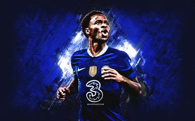 Raheem Sterling, Chelsea FC, portrait, English football player, attacking midfielder, blue stone background, Premier League, England, football