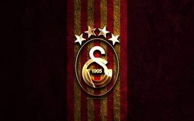 logotipo dorado de galatasaray, 4k, fondo de piedra morada, súper liga, club de fútbol turco, logotipo de galatasaray, fútbol, emblema galatasaray, galatasaray sk, galatasaray fc