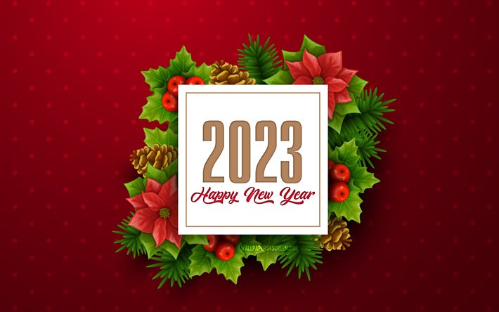 feliz año nuevo 2023, 4k, elementos navideños, 2023 conceptos, fondo rojo 2023, 2023 tarjeta de felicitación, 2023 feliz año nuevo, plantilla 2023