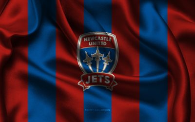 4k, logo di newcastle jets fc, tessuto di seta rosso blu, squadra di calcio australiana, newcastle jets fc emblem, a league, newcastle jets fc, australia, calcio, flag di newcastle jets fc