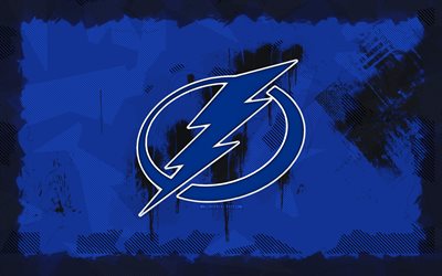logo grunge tampa bay lightning, 4k, dans la lnh, fond grunge bleu, hockey, emblème de la foudre de tampa bay, logo lightning tampa bay, club de hockey américain, lightning de tampa bay