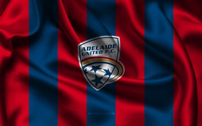 4k, logo adelaide united fc, tessuto di seta rosso blu, squadra di calcio australiana, emblema di adelaide united fc, a league, adelaide united fc, australia, calcio, adelaide united fc flag