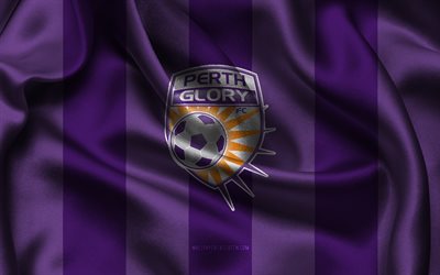 4k, logo perth glory fc, tessuto di seta arancione viola, squadra di calcio australiana, emblema di perth glory fc, a league, perth glory fc, australia, calcio, flag di perth glory fc