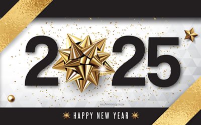 Happy New Year 2025, 4k, golden bow, 2025 backgrounds, 2025 concepts, 2025 greeting card, 2025 Happy New Year