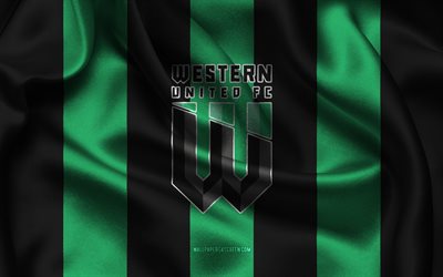 4k, logotipo western united fc, tecido de seda preta verde, time de futebol australiano, emblema do western united fc, a league, western united fc, austrália, futebol, western united fc flag