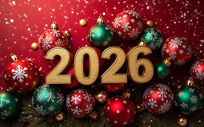 2026 feliz ano novo, 4k, fundo vermelho de natal, conceitos de 2026, feliz ano novo 2026, bolas de natal vermelhas, 2026 ano novo, conceitos de natal