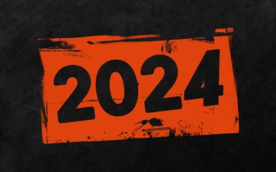 4k, 2024 Happy New Year, orange grunge digits, gray stone background, 2024 concepts, 2024 abstract digits, Happy New Year 2024, grunge art, 2024 orange background, 2024 year
