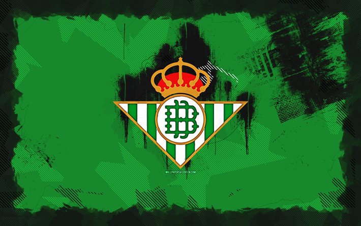 real betis grunge logo, 4k, la liga, grön grunge bakgrund, fotboll, riktigt betis emblem, real betis  logotyp, real betis balompie, spansk fotbollsklubb, real betis fc