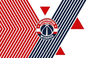 شعار واشنطن ويزاردز, 4k, فريق كرة السلة الأمريكي, خلفية الخطوط البيضاء الحمراء, ويزاردز واشنطن, الدوري الاميركي للمحترفين, الولايات المتحدة الأمريكية, فن الخط, واشنطن ويزاردز شعار, كرة سلة