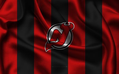 4k, logo du new jersey devils, tissu de soie noire rouge, équipe de hockey américaine, emblème du new jersey devils, dans la lnh, devils du new jersey, etats unis, le hockey, drapeau du new jersey devils