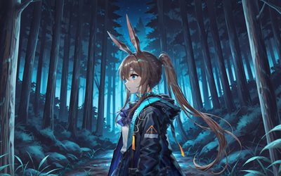 4k, amiya, floresta, noite, arknights, mangá, obra de arte, personagens de anime, personagens dos arknights, amiya arknights
