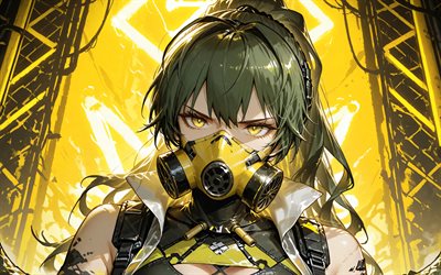 gavial, 4k, fondo abstracto amarillo, arknights, manga, oscuridad, ojos amarillos, operador médico de la isla de rodas, gavial el invencible, personajes de arknights, gavial arknights