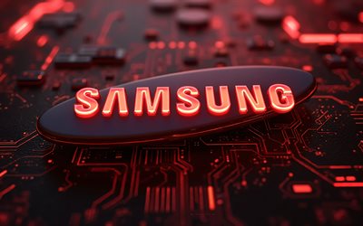 logotipo rojo de samsung, 4k, fondo de tecnología roja, emblema de samsung, logotipo 3d de lenovo, señal roja de samsung, placa base roja, signo de samsung, logotipo de samsung, samsung