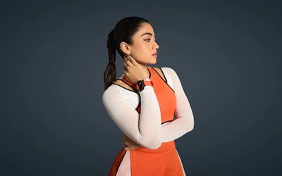rashmika mandanna, 4k, atriz indiana, vestido laranja, sessão de fotos, bollywood, modelo fotográfico indiano, sessão fotográfica de rashmika mandanna