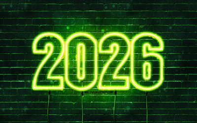 feliz ano novo 2026, 4k, parede de tijolos de cal, inscrição de 2026, conceitos de 2026, 2026 dígitos de néon limão, 2026 feliz ano novo, arte neon, criativo, fundo de limão 2026, 2026 ano, 2026 dígitos de limão