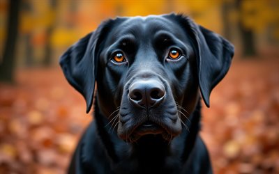 labrador negro, 4k, otoño, bokeh, bosque, perros, bozal, animales lindos, labrador, mascotas, perro en el bosque, perro labrador negro