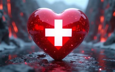 4k, amo suiza, bokeh, arte digital, creativo, día de suiza, bandera de suiza, arte 3d, corazón con bandera suiza, corazones 3d, bandera suiza, suiza, amor por suiza