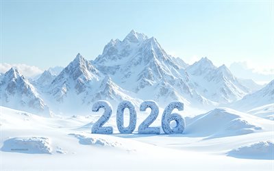 bonne année 2026, 4k, paysage de montagne, hiver, neige, montagnes enneigées, concepts 2026, nouvel an 2026, carte de voeux 2026
